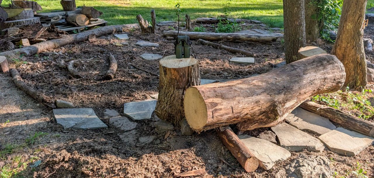 logs and stepping stones through a new garden