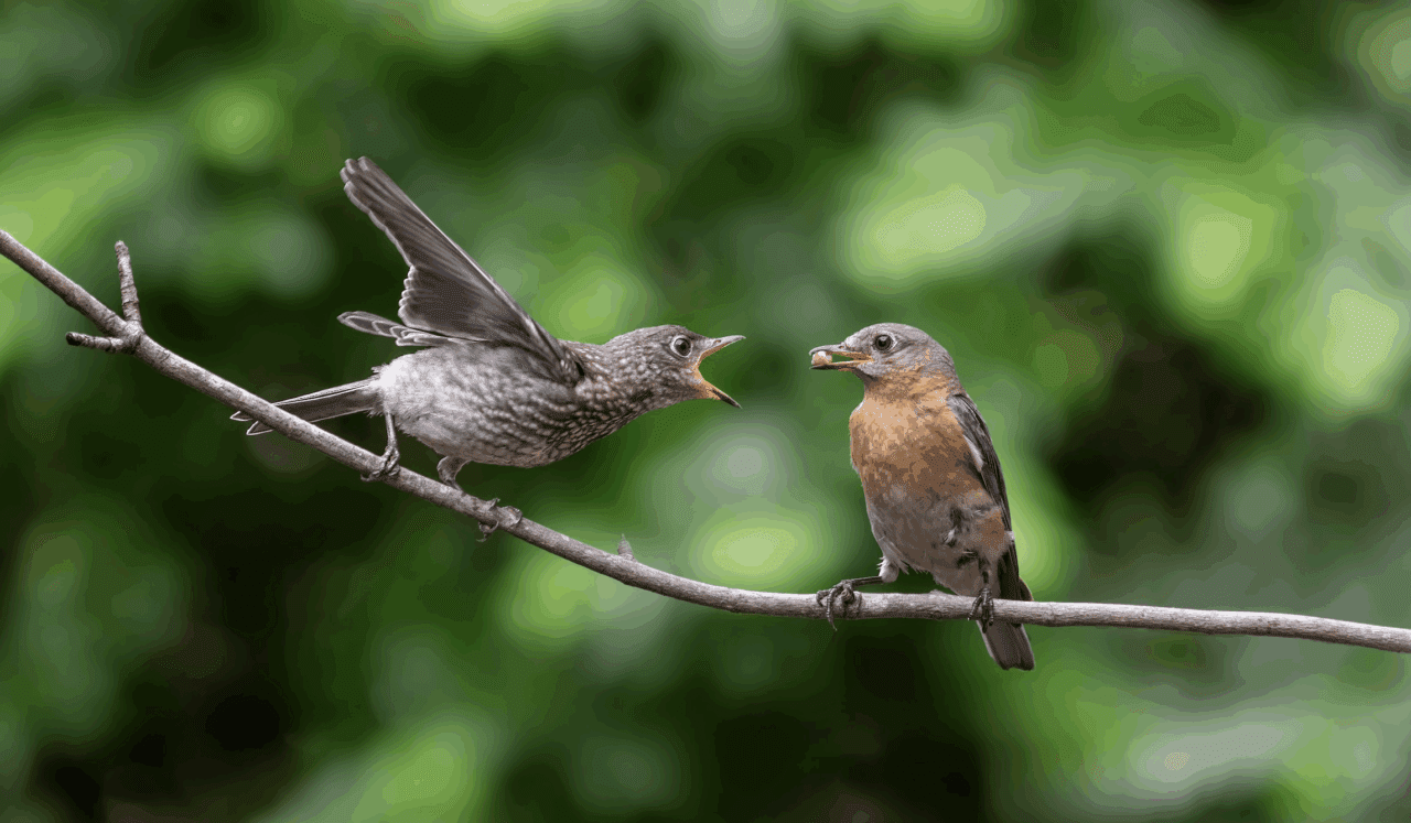 Parent female bluebird feeding its offspring on a branch. There is food in the parent's beak.