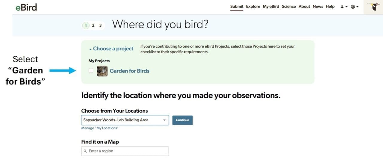 "Submit" page where there is a light green box that allows you to choose a project. This is above where the location is selected for.