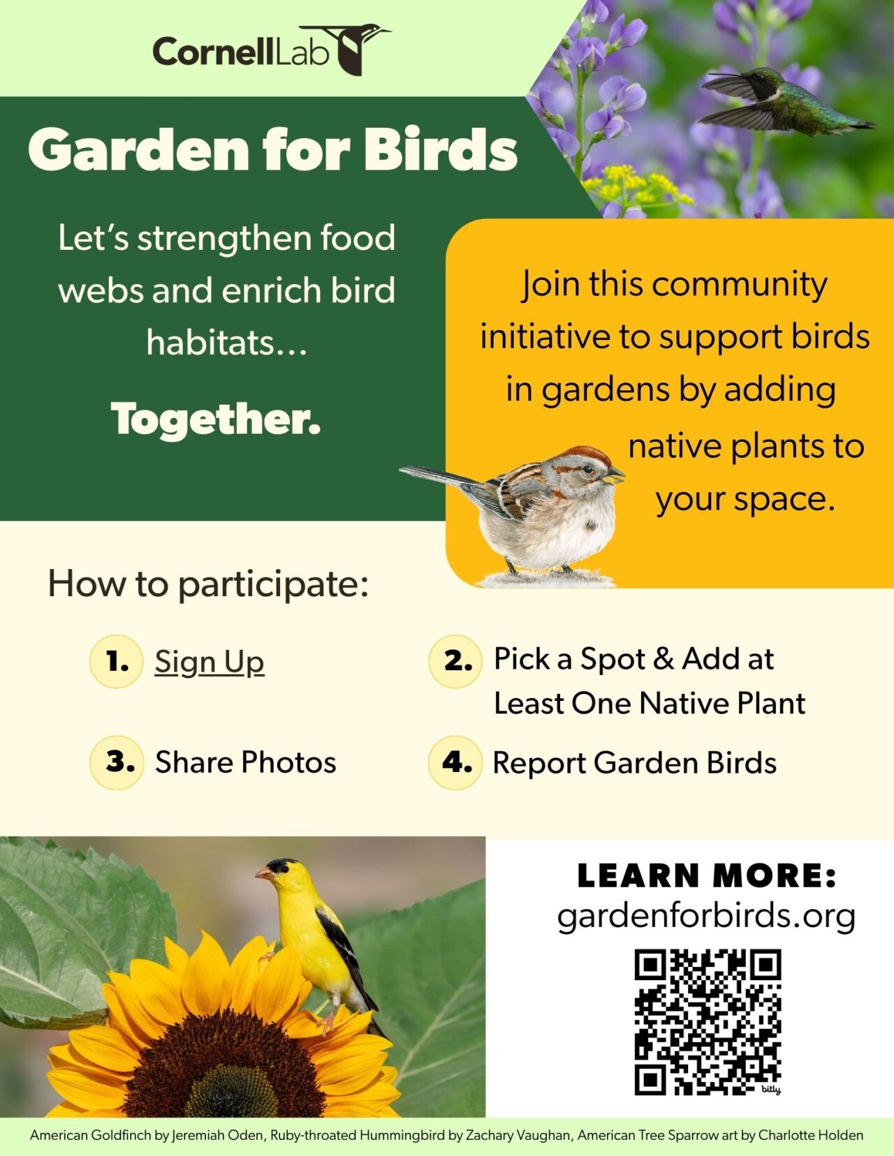 A flyer for Garden for Birds with bird images, instructions on how to participate, and a QR code to learn more.